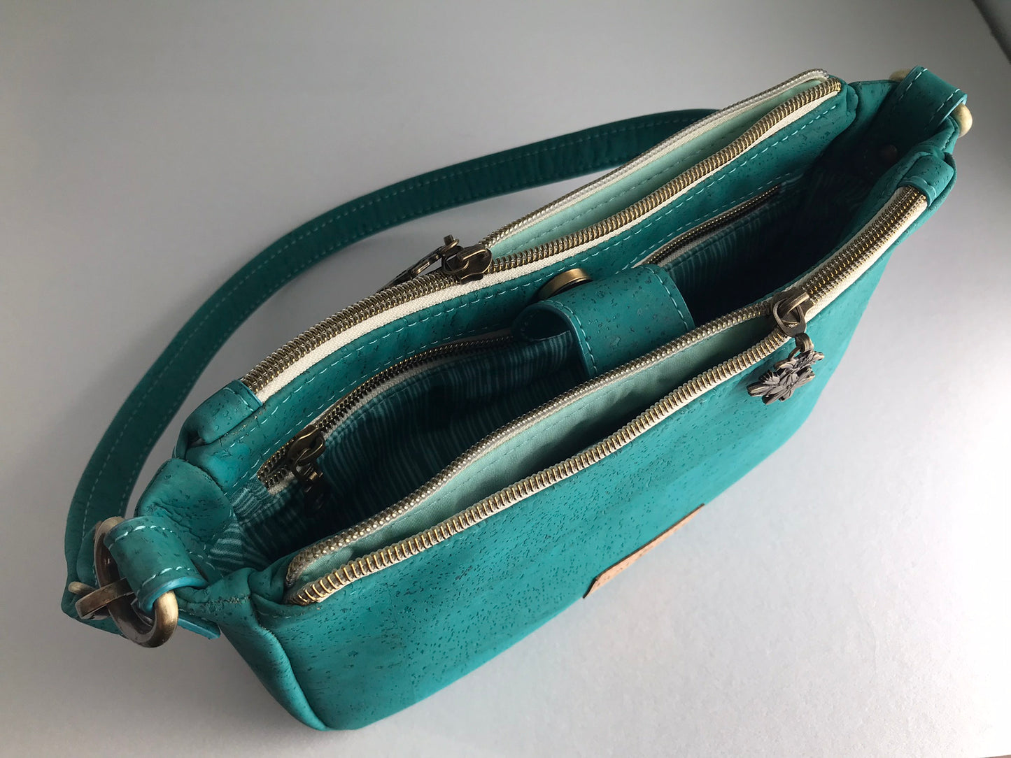 Tropical Teal Cork Handbag with Zippers