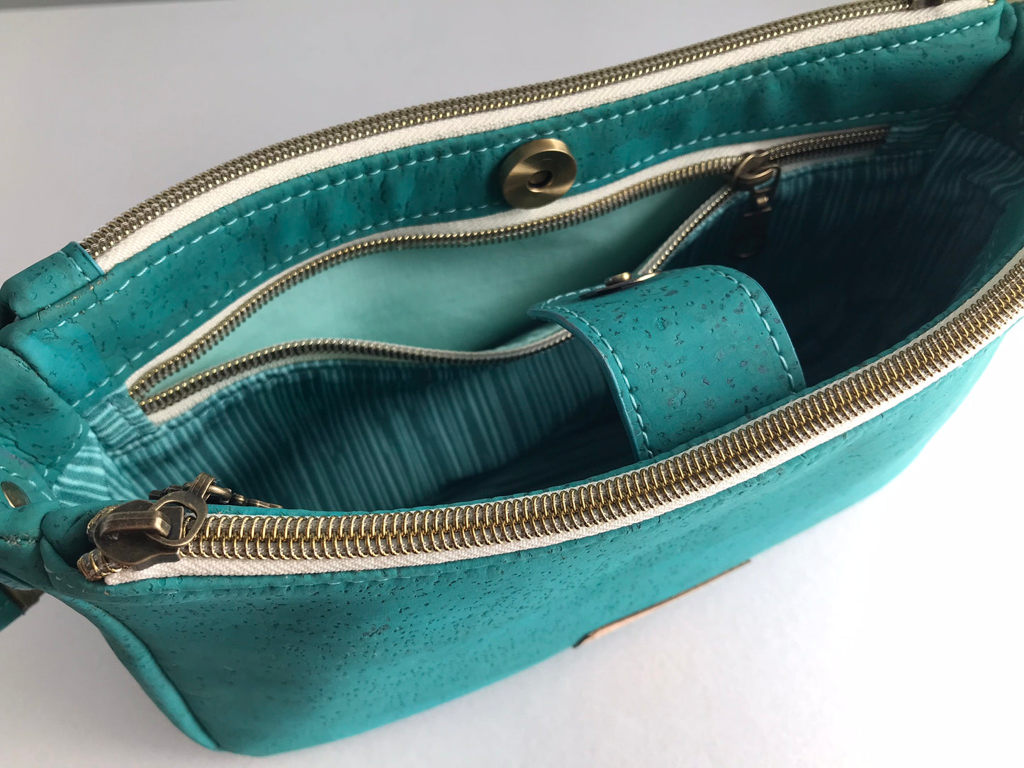 Tropical Teal Cork Handbag with Zippers