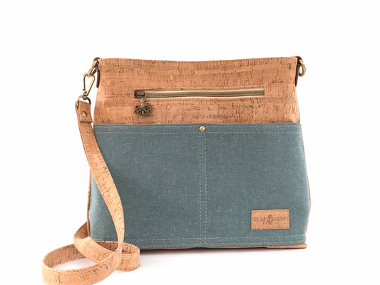 Deep Water Teal and Cork Crossbody with Octopus Zipper