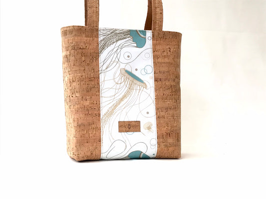 Cork Zippered Tote in Cork with Jellyfish Print