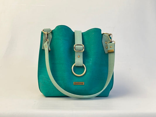 Slouchy handbag in beachy turquoise and aqua corks