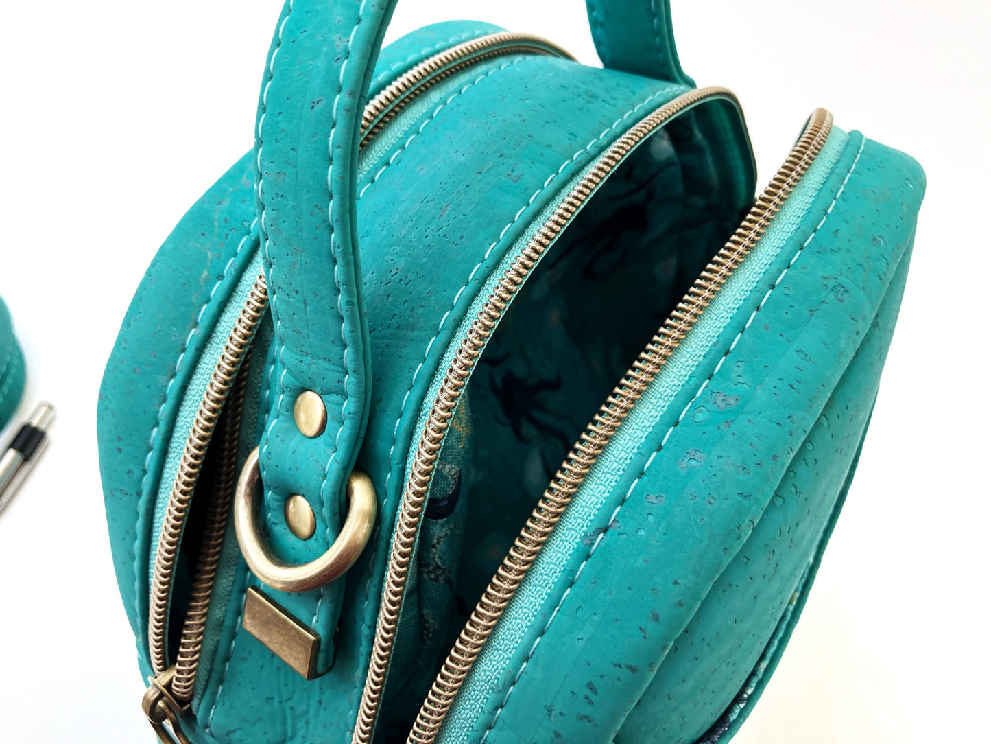 Mini Bowler Crossbody Bag in Turquoise Cork