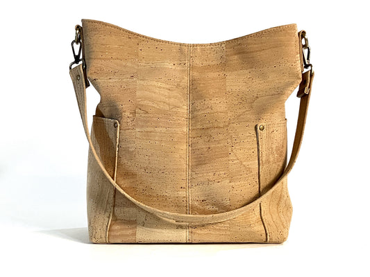 Large Natural Cork Shoulder Bag with Watercolor Lining