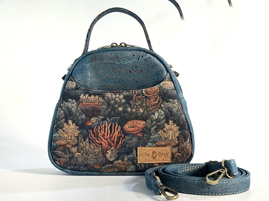 Rustic Teal Cork Mini Bowler Bag with Coral Reef Prin