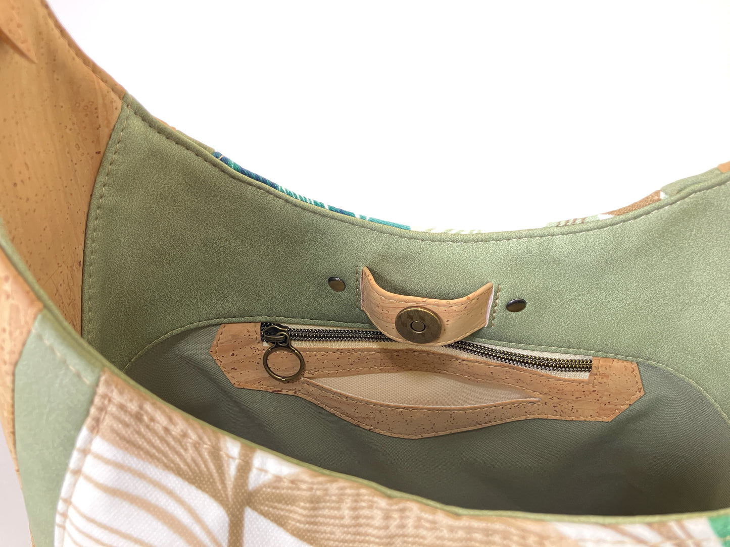 Palm Leaf Print Shoulder Bag with Natural Cork Accent