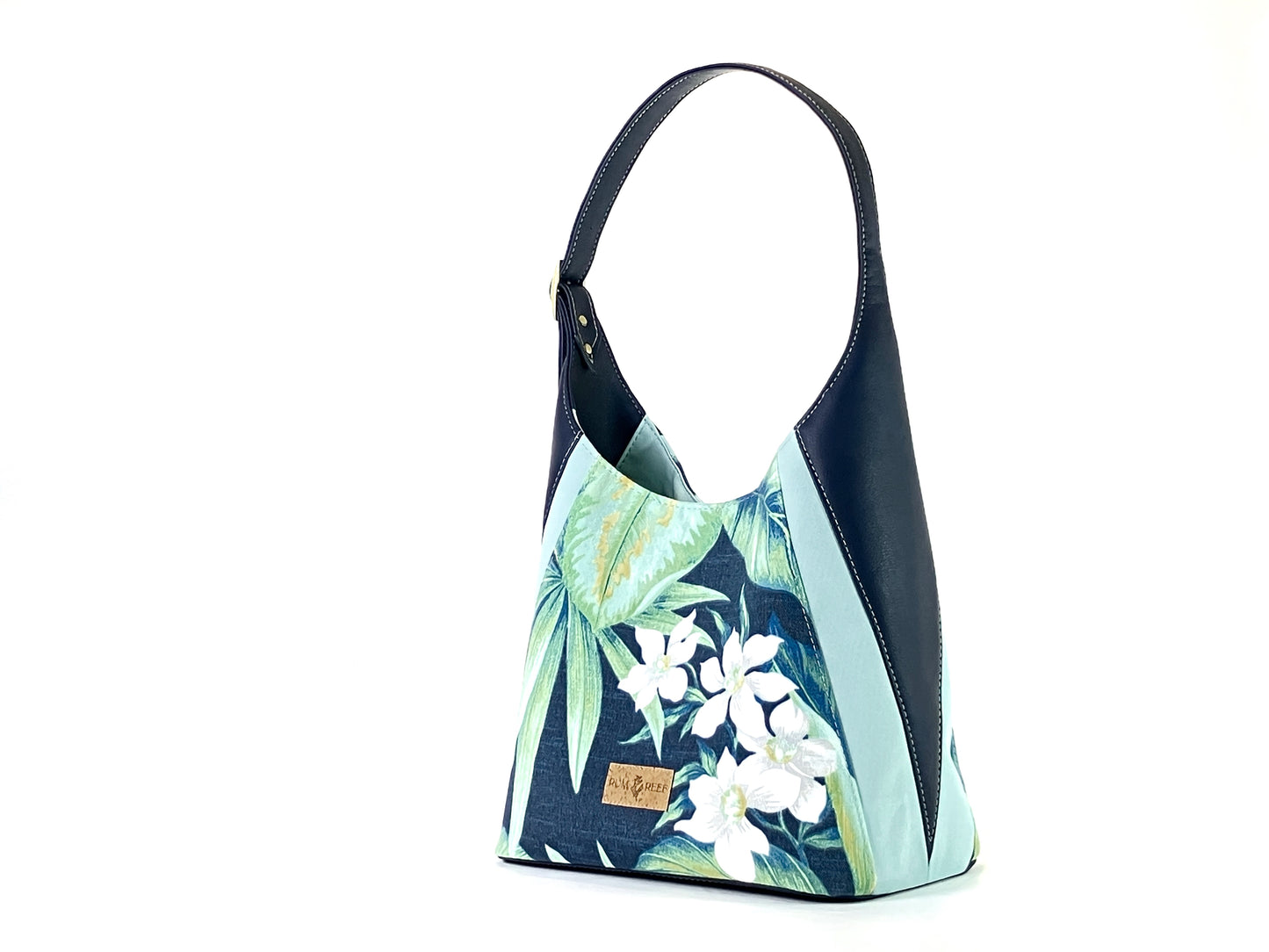 Large Shoulder Bag in Navy Blue and Tropical Floral Print