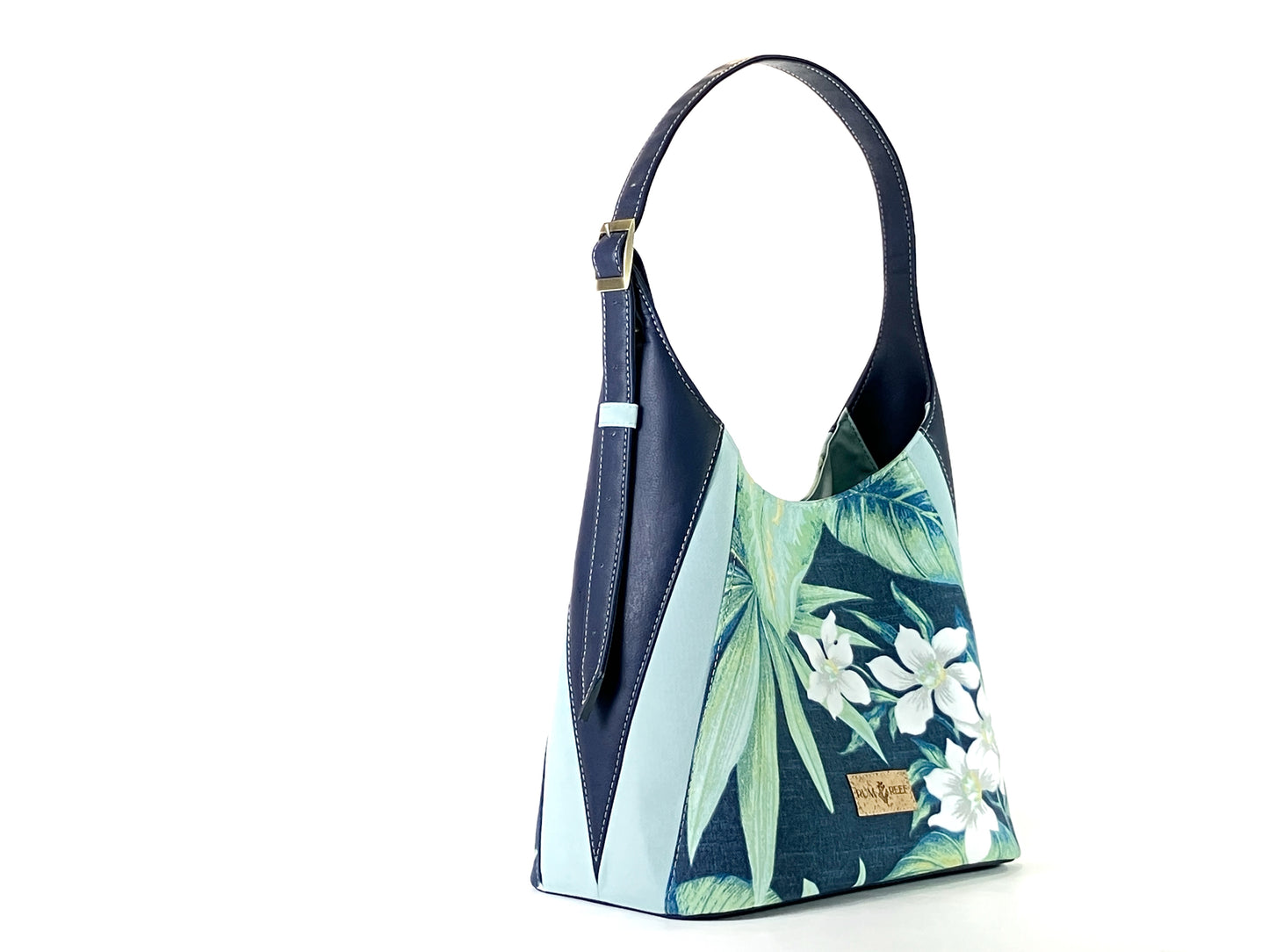 Large Shoulder Bag in Navy Blue and Tropical Floral Print