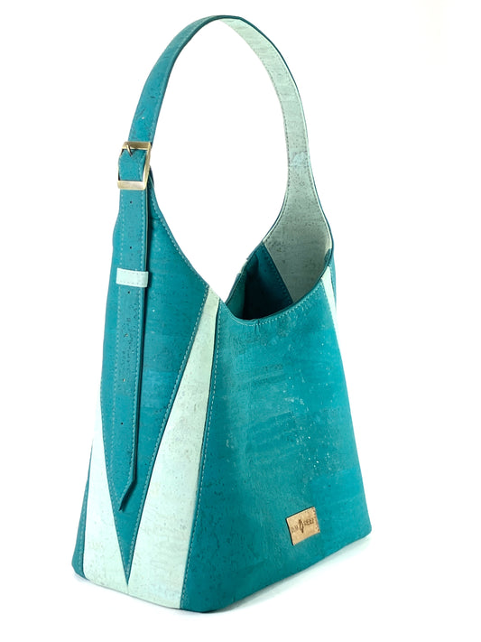 Turquoise and Aqua Cork Structured Hobo Bag with Coral Details