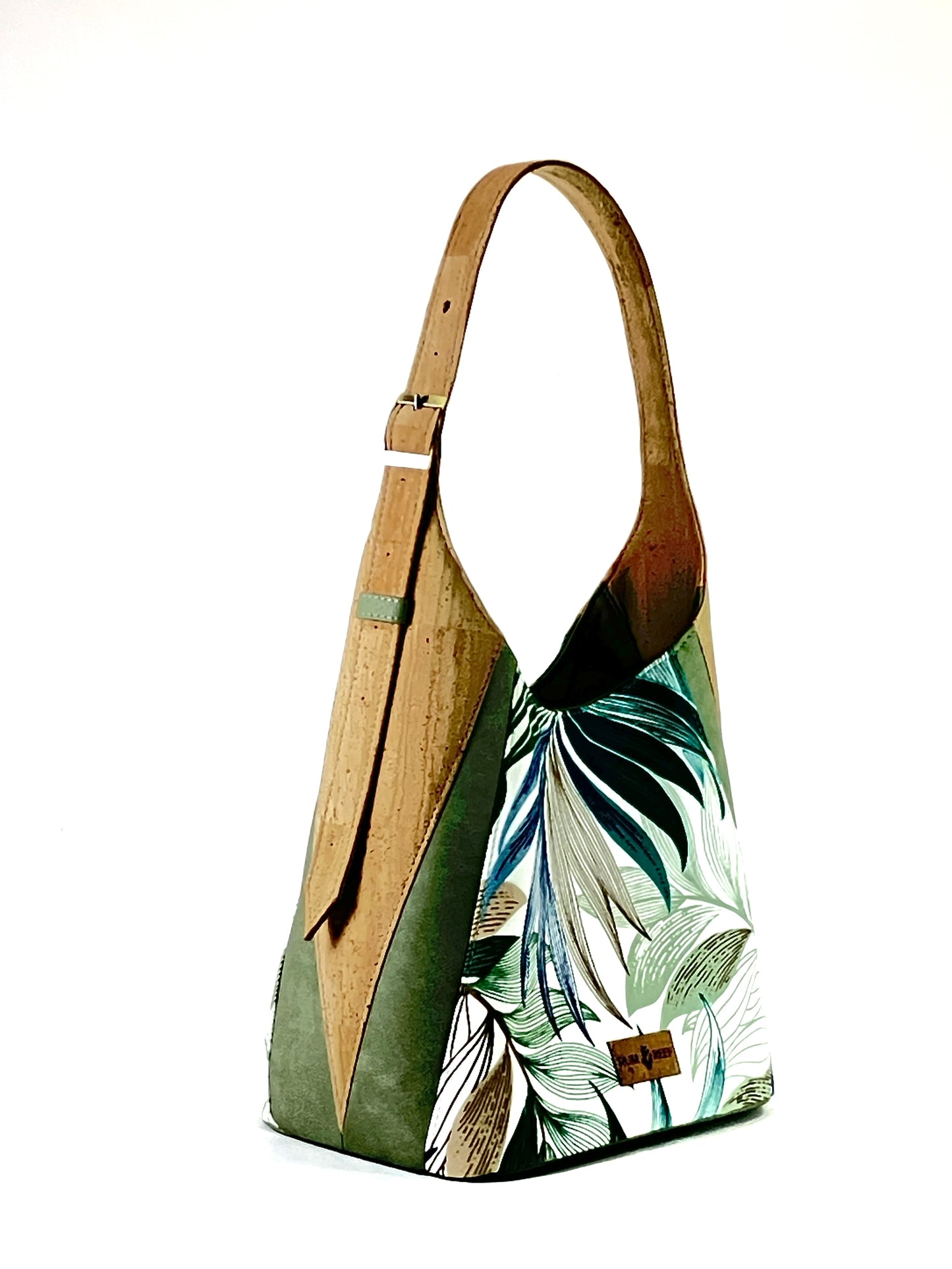 Palm Leaf Shoulder Bag – Cork and Canvas Handbag with Adjustable Strap