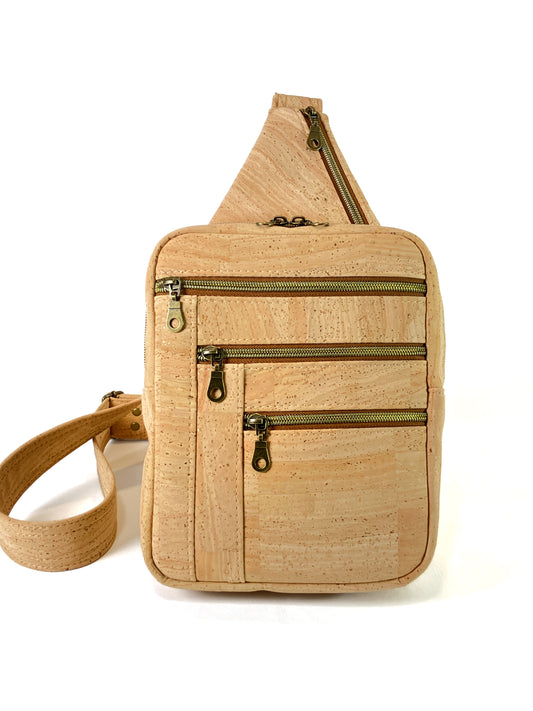 Natural Cork Sling Bag with Zipper Pockets