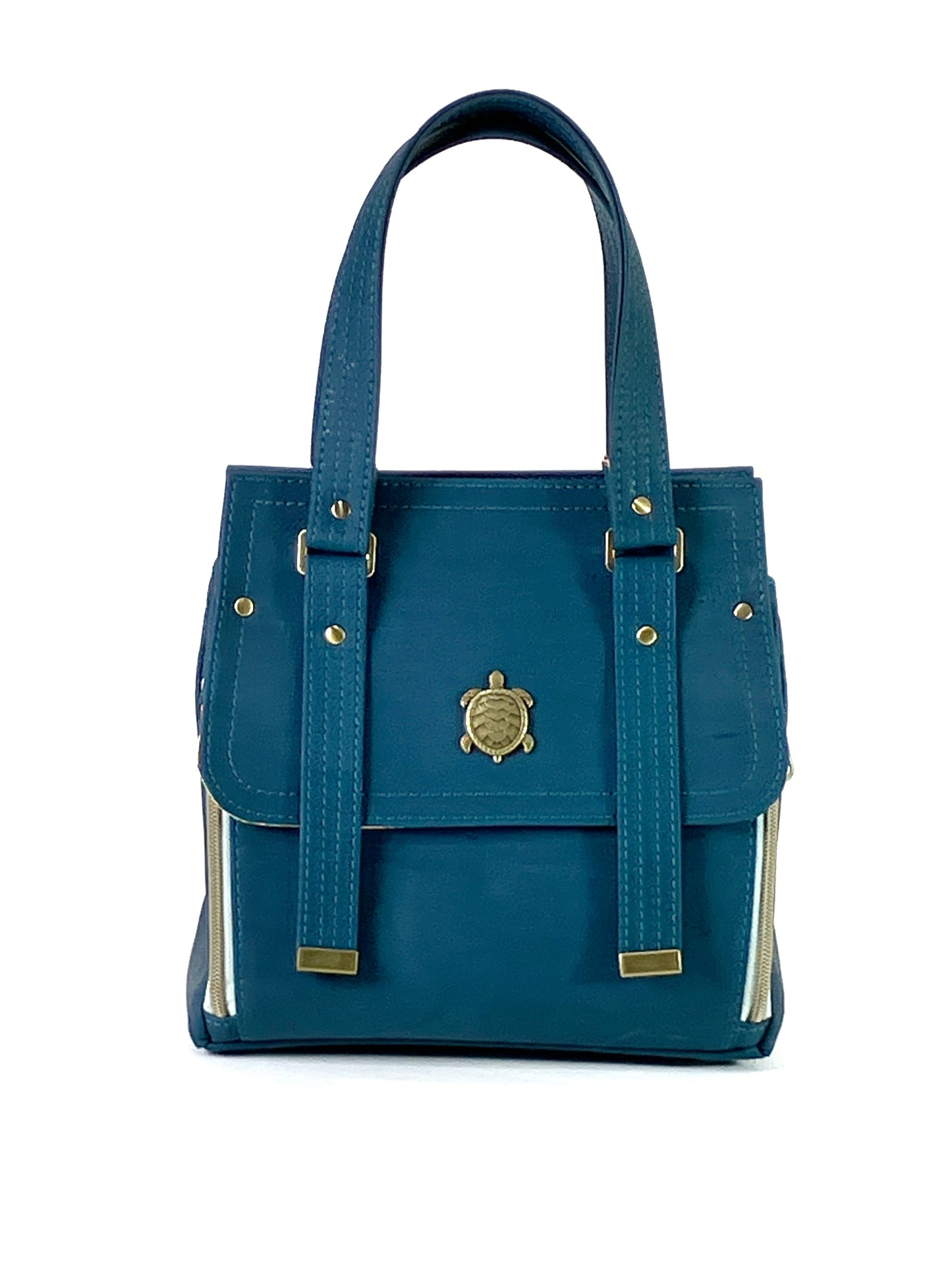 Deep Teal Cork Bag with Sea Turtle Details - Removable Crossbody Strap