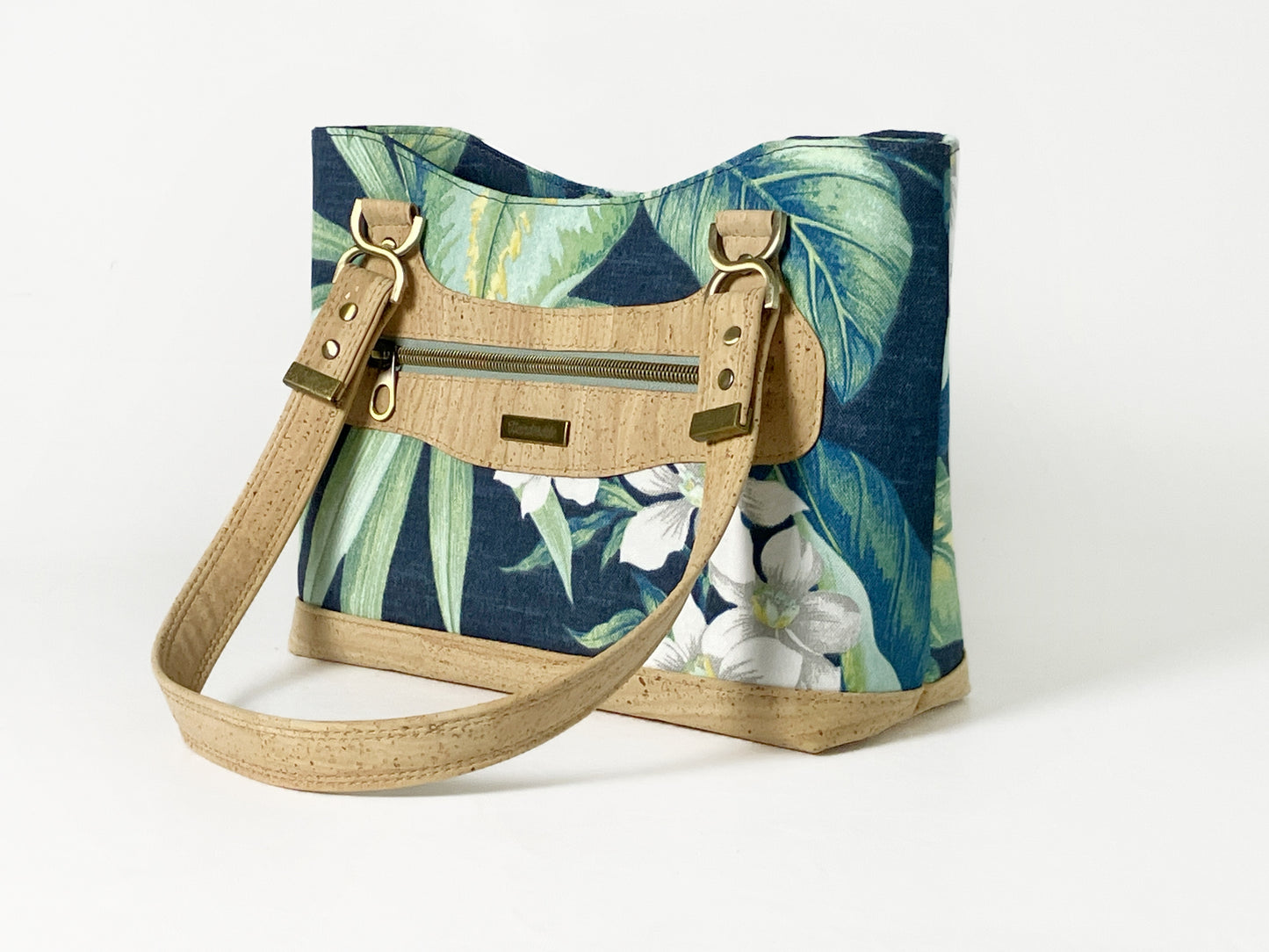Tropical Navy Shoulder Bag — Cork Trim