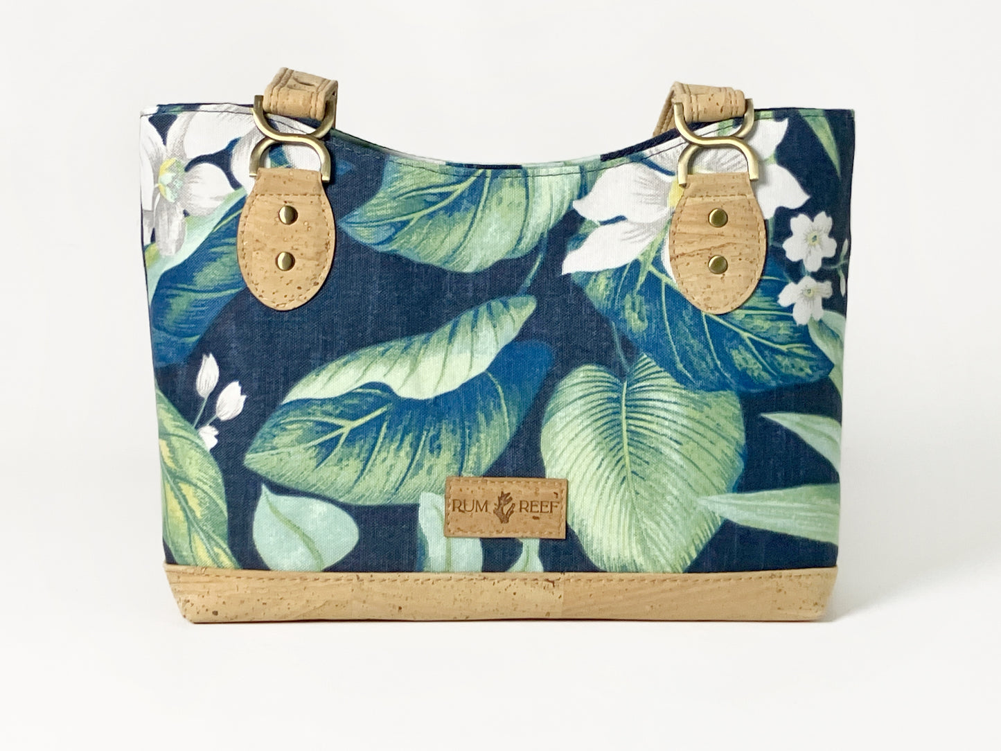 Tropical Navy Shoulder Bag — Cork Trim