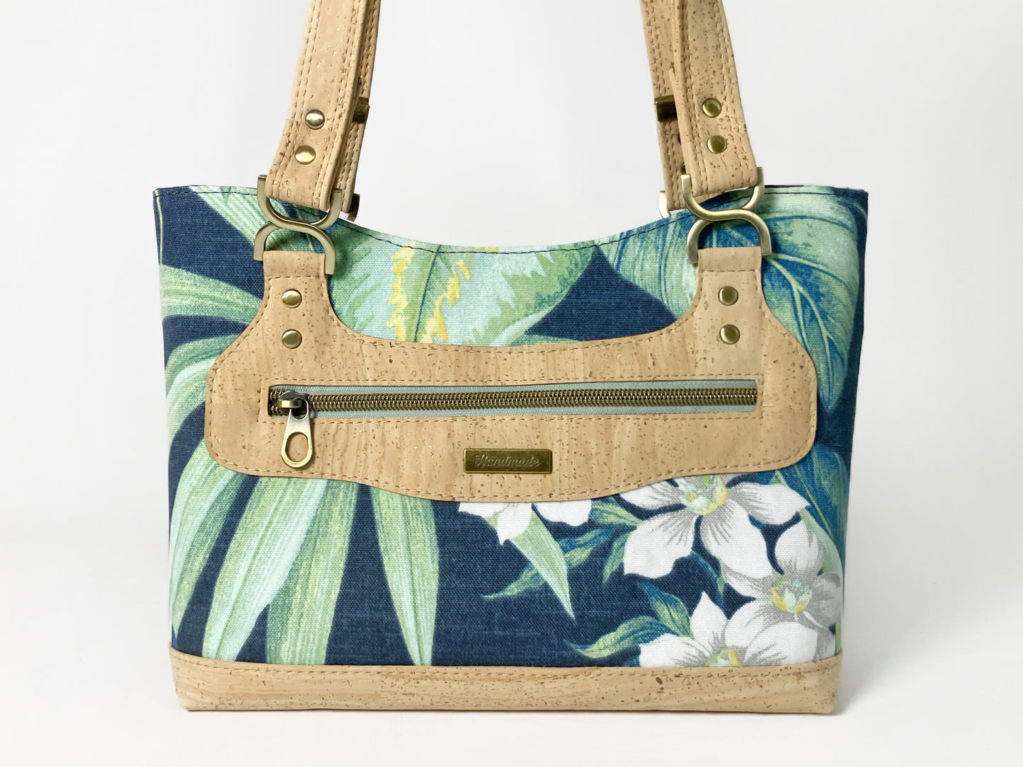 Tropical Navy Shoulder Bag — Cork Trim