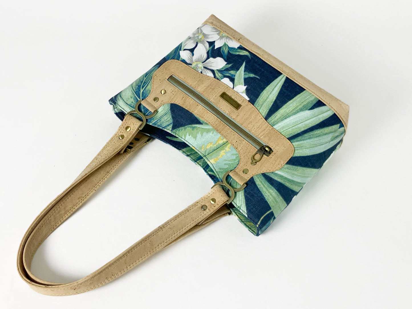 Tropical Navy Shoulder Bag — Cork Trim