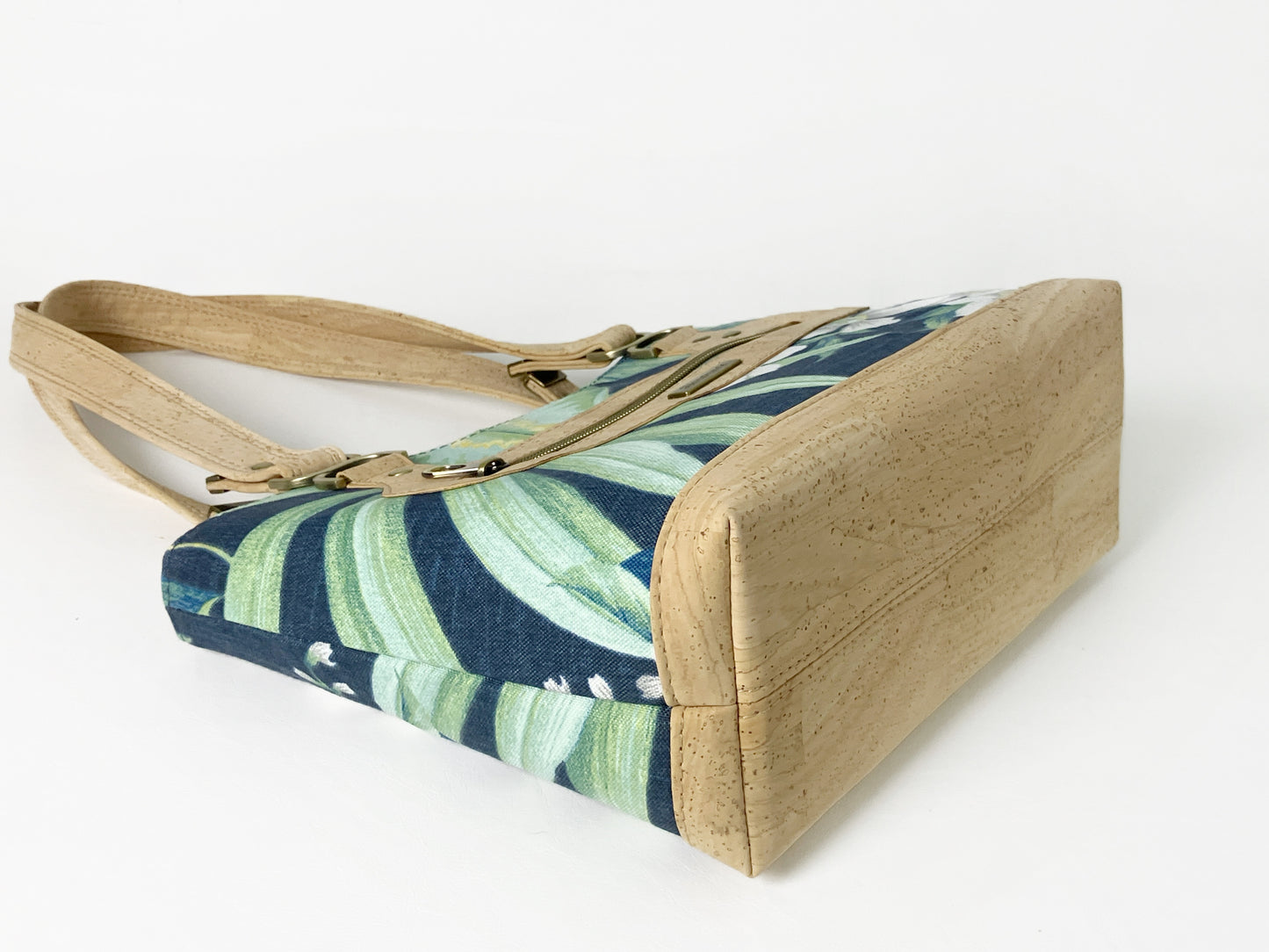 Tropical Navy Shoulder Bag — Cork Trim