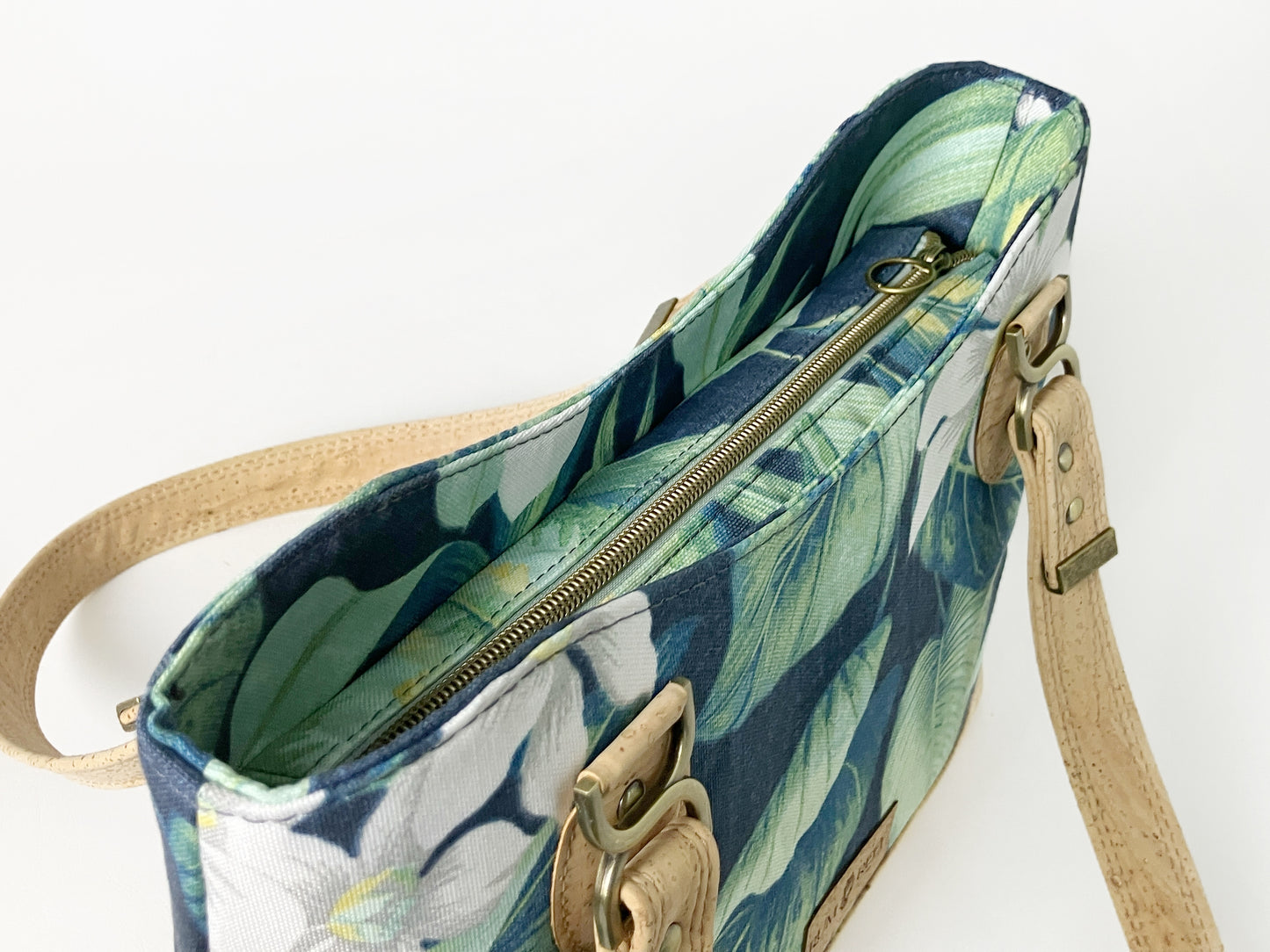 Tropical Navy Shoulder Bag — Cork Trim