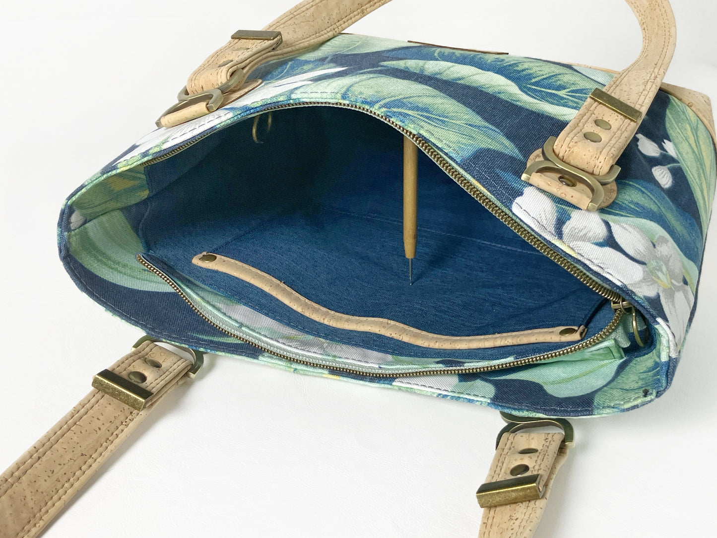 Tropical Navy Shoulder Bag — Cork Trim
