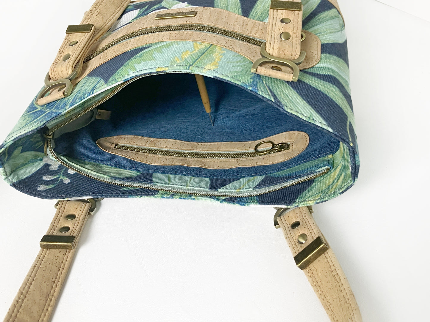 Tropical Navy Shoulder Bag — Cork Trim