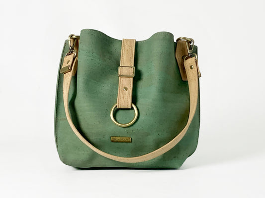 Slouchy Cork Shoulder Bag / Sea Green with Octopus Lining