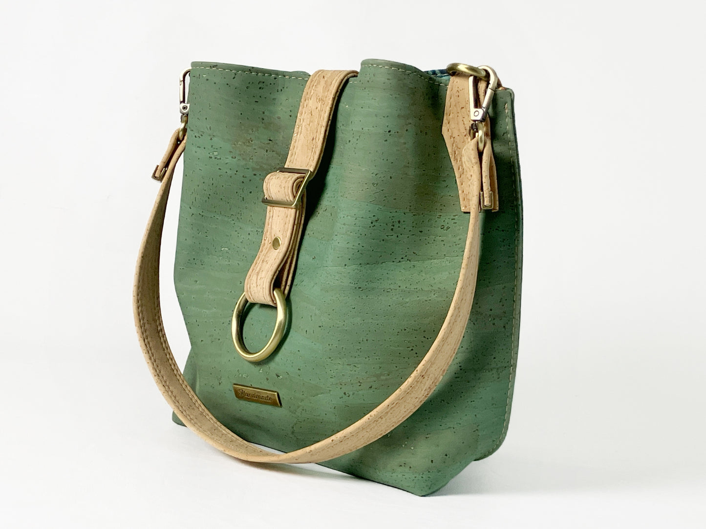 Slouchy Cork Shoulder Bag / Sea Green with Octopus Lining