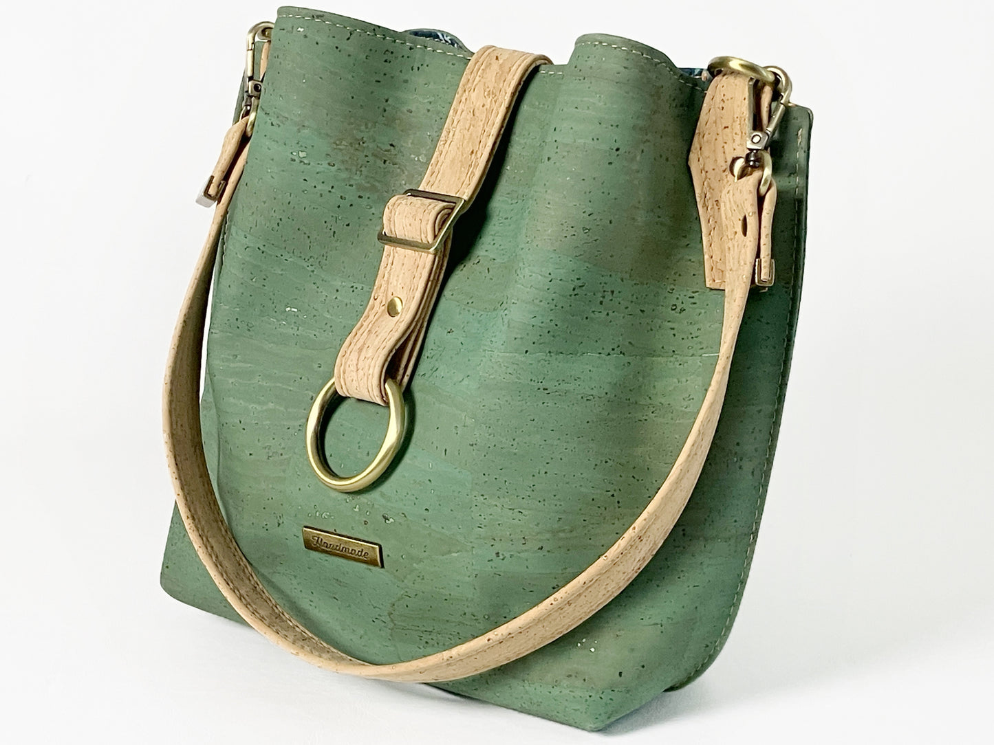 Slouchy Cork Shoulder Bag / Sea Green with Octopus Lining