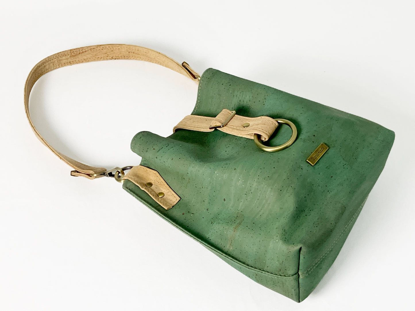 Slouchy Cork Shoulder Bag / Sea Green with Octopus Lining