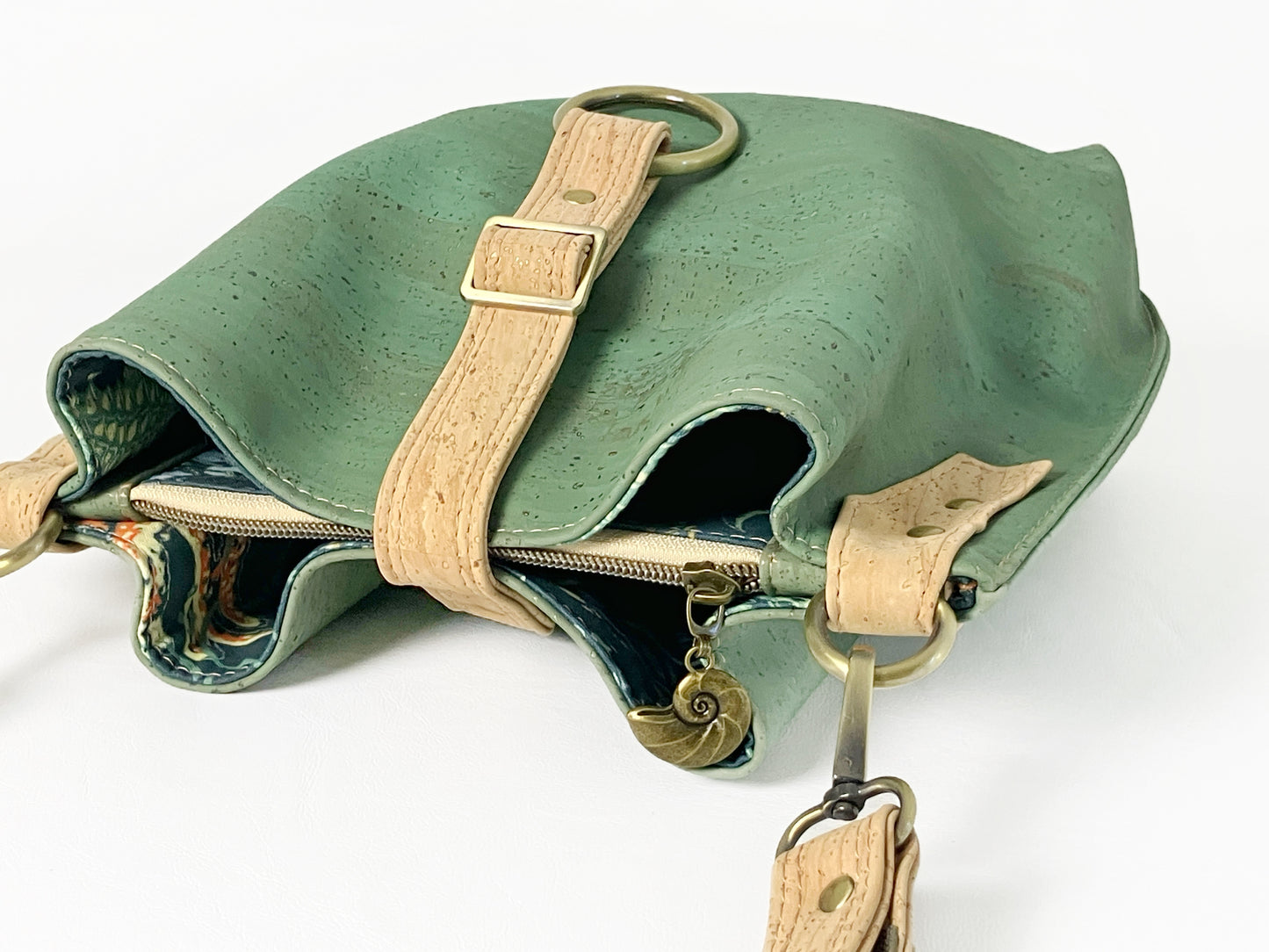 Slouchy Cork Shoulder Bag / Sea Green with Octopus Lining