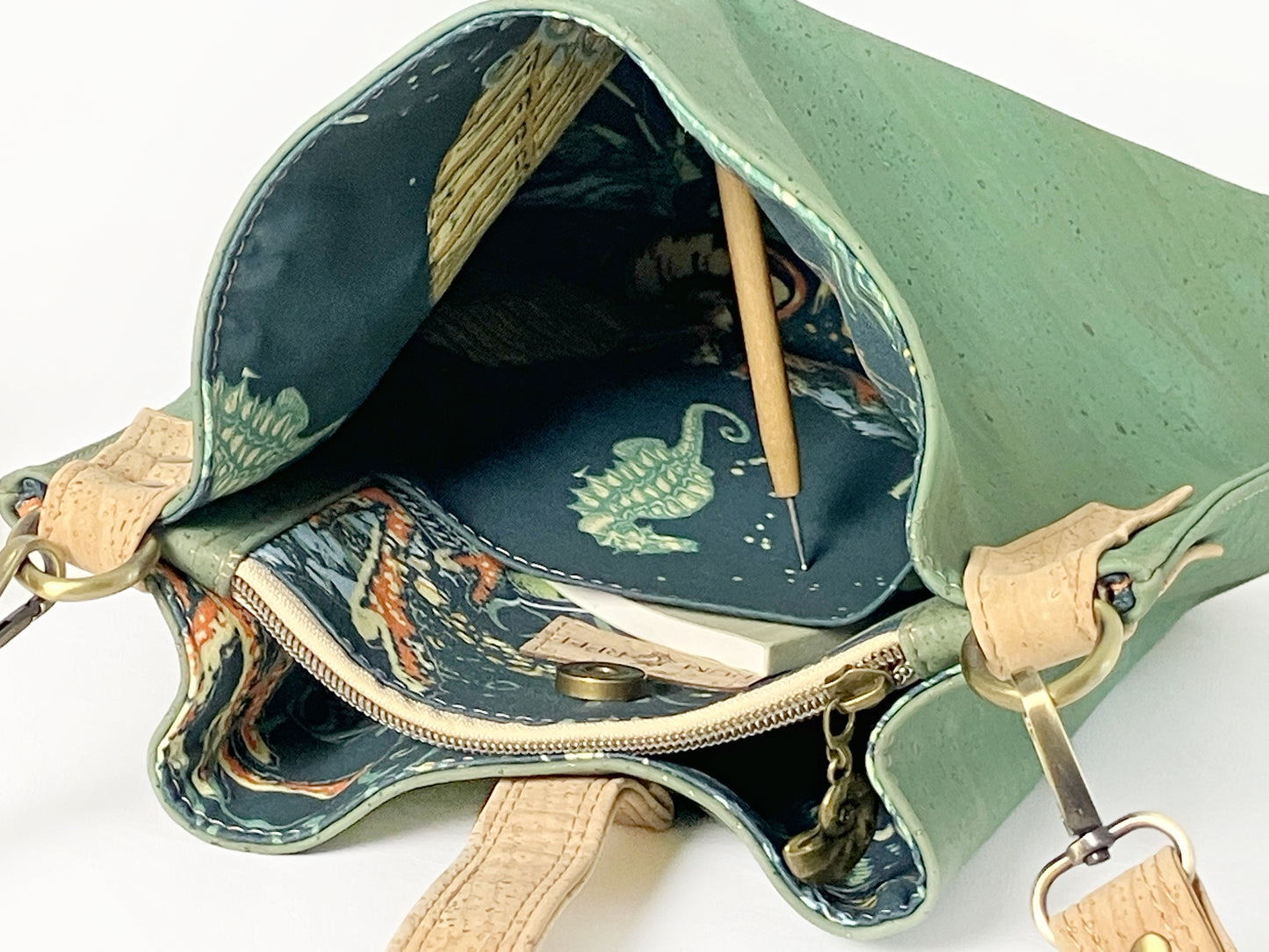 Slouchy Cork Shoulder Bag / Sea Green with Octopus Lining