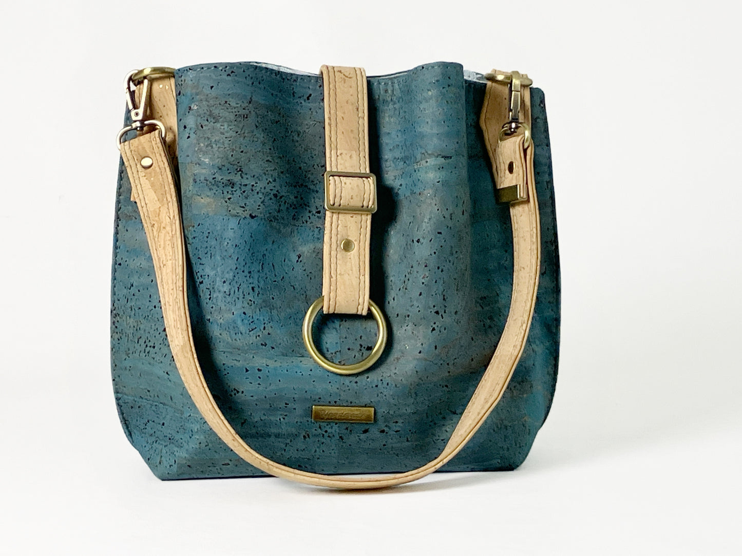 Slouchy Teal Cork Shoulder Bag / Zippered Compartment