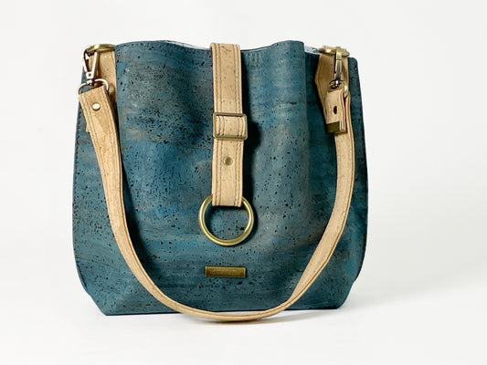 Slouchy Teal Cork Shoulder Bag / Zippered Compartment