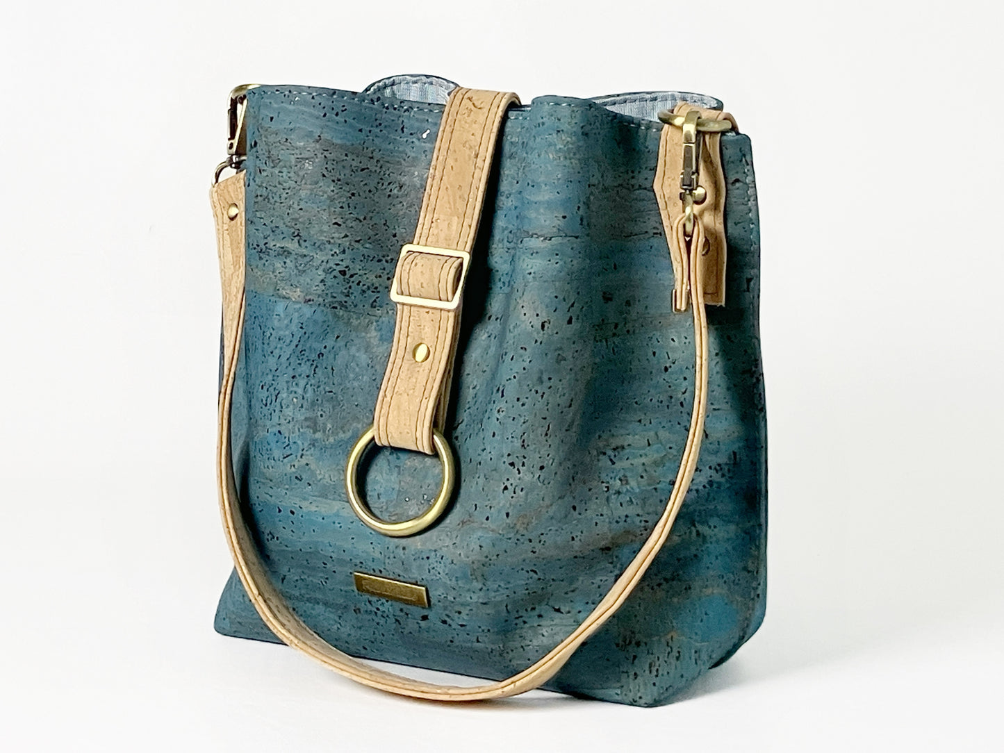 Slouchy Teal Cork Shoulder Bag / Zippered Compartment