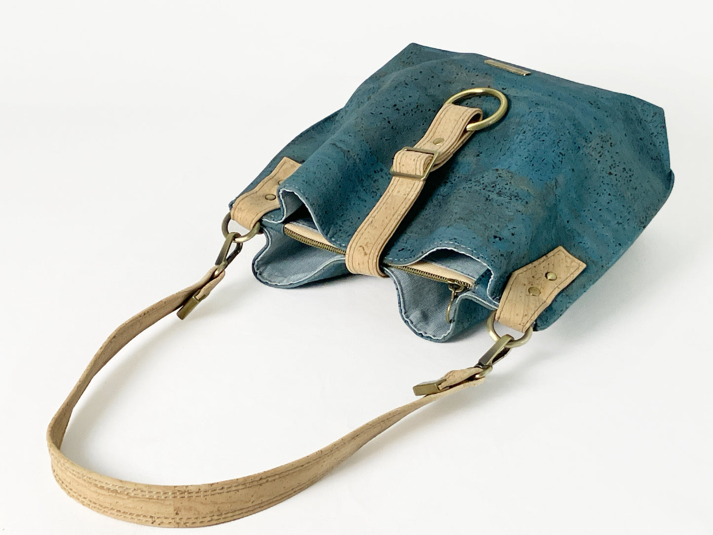 Slouchy Teal Cork Shoulder Bag / Zippered Compartment