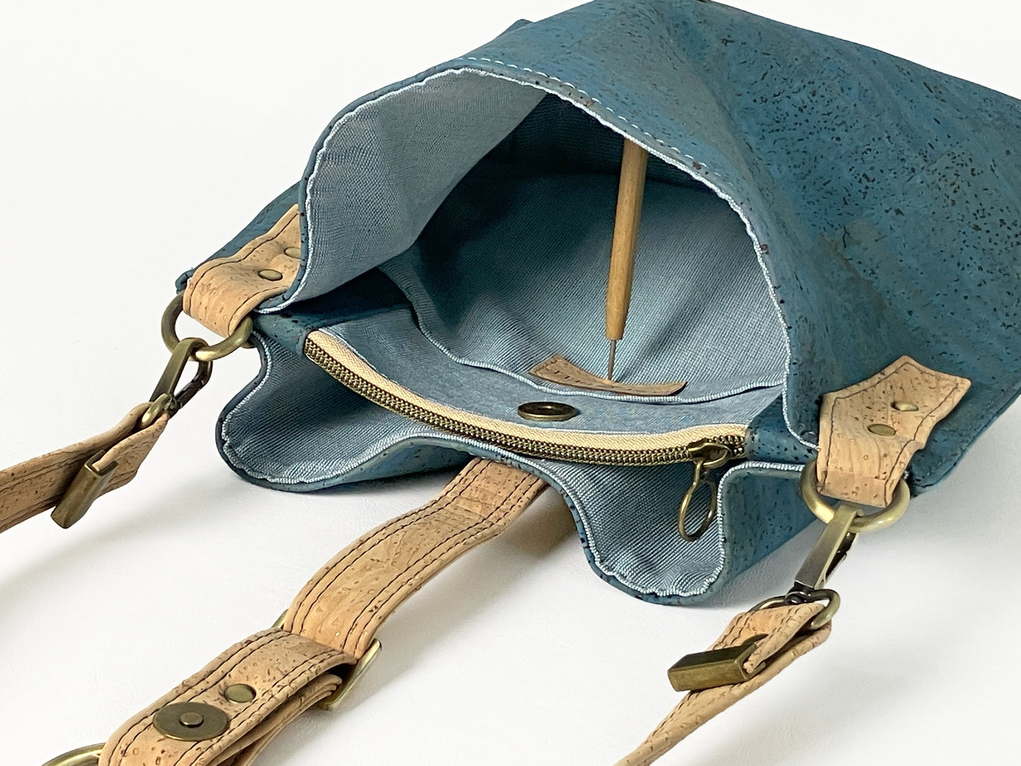 Slouchy Teal Cork Shoulder Bag / Zippered Compartment