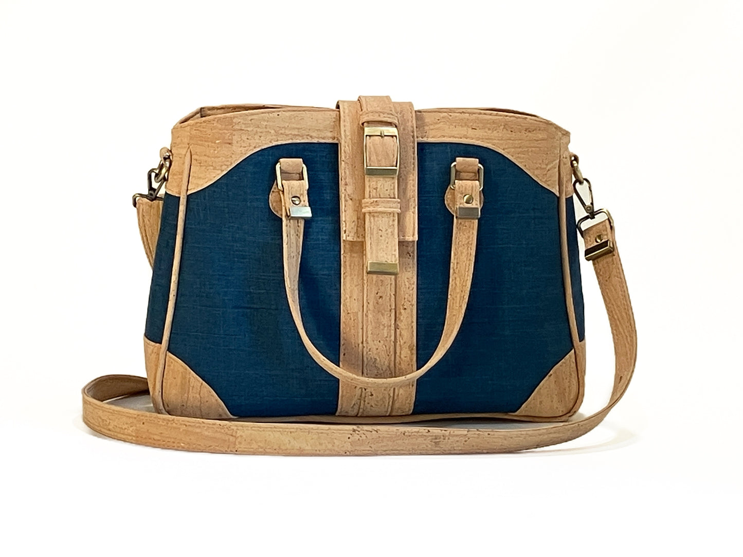 Large Crossbody bag for Laptop in Navy and Natural Cork
