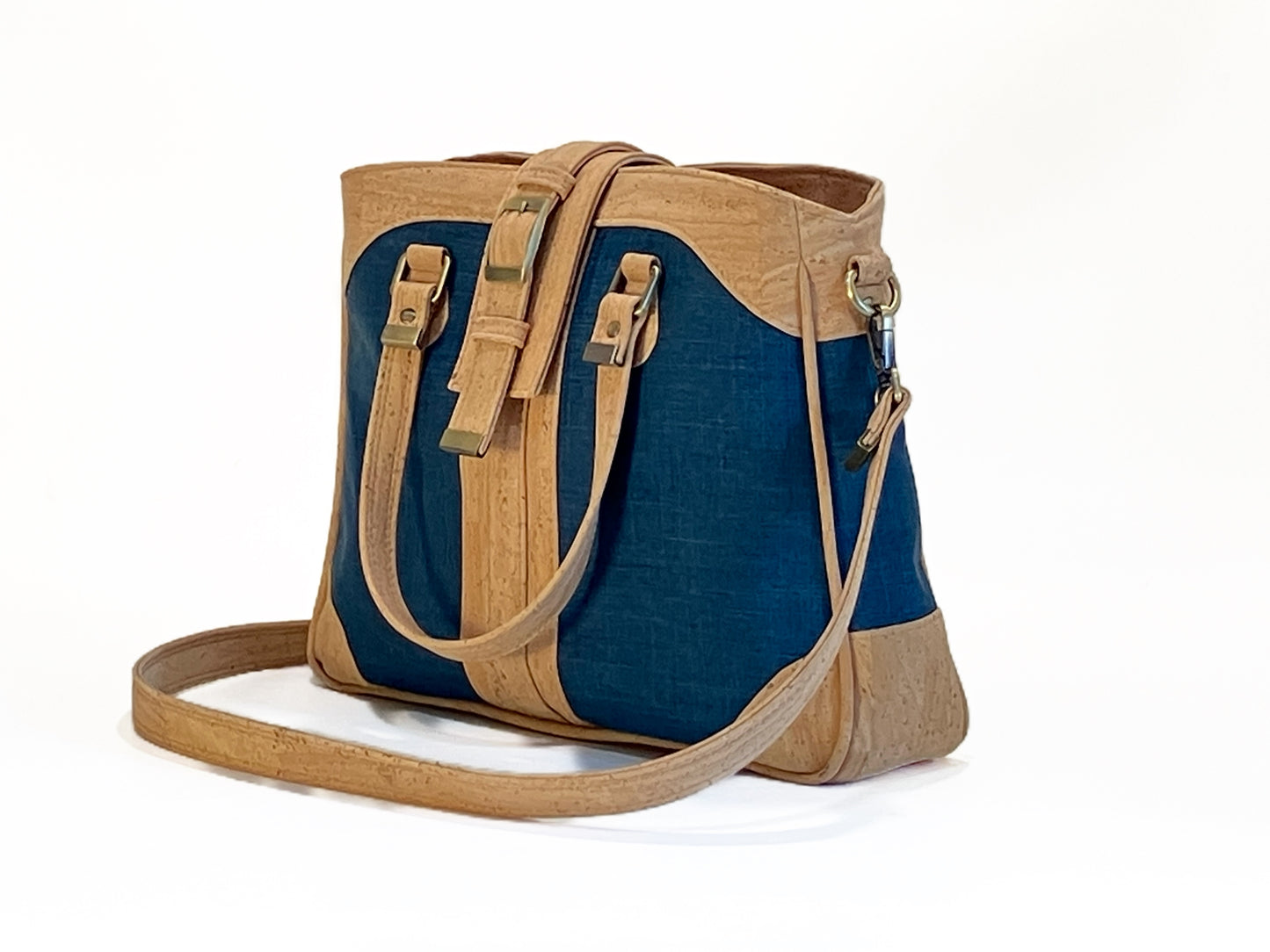 Large Crossbody bag for Laptop in Navy and Natural Cork