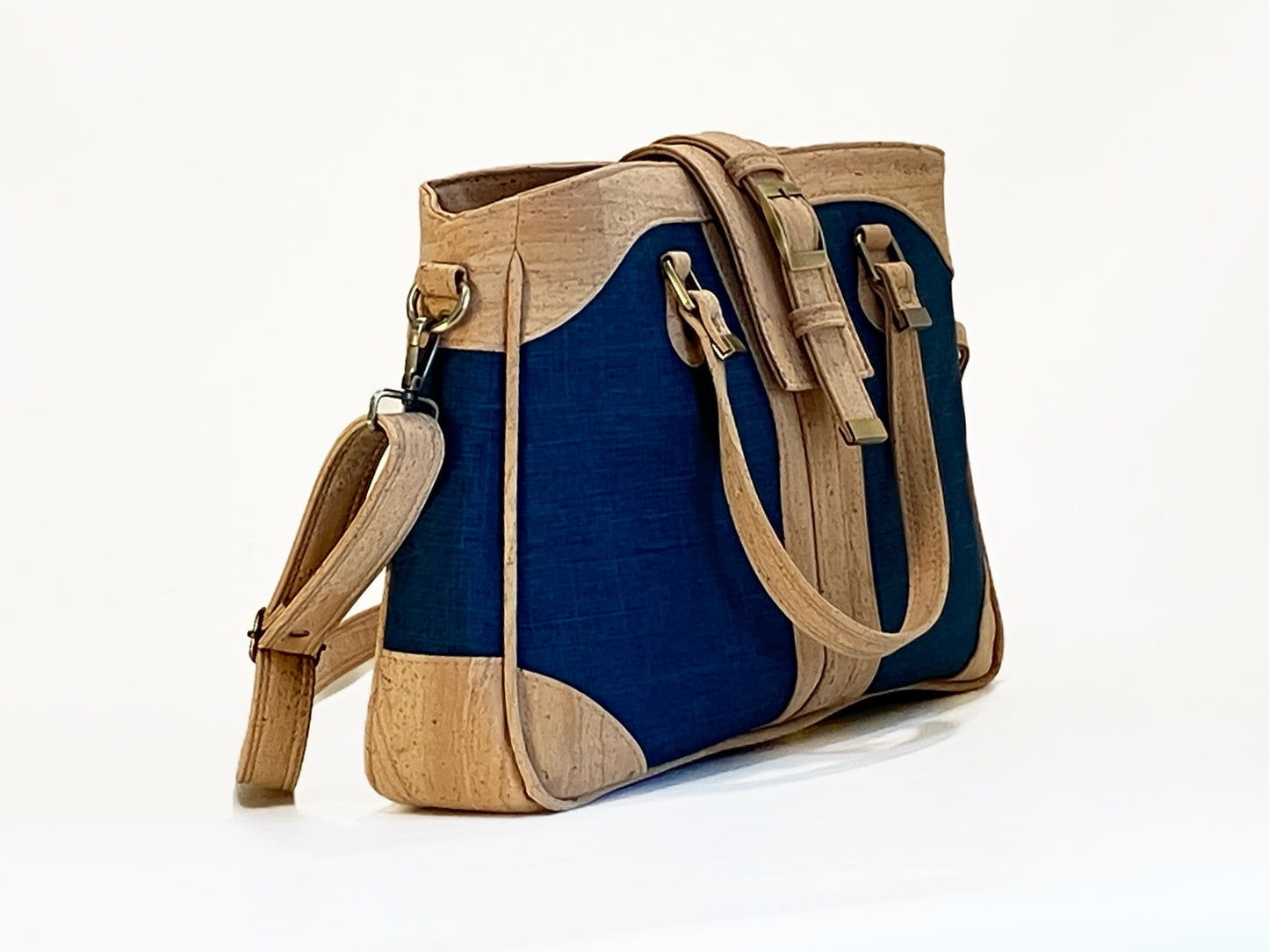 Large Crossbody bag for Laptop in Navy and Natural Cork