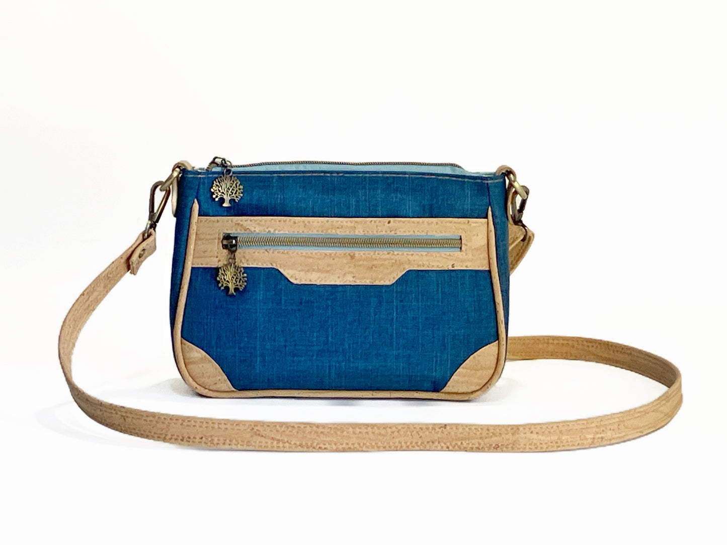 Crossbody Bag with Exterior Pockets in Navy and Natural Cork