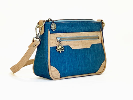 Crossbody Bag with Exterior Pockets in Navy and Natural Cork