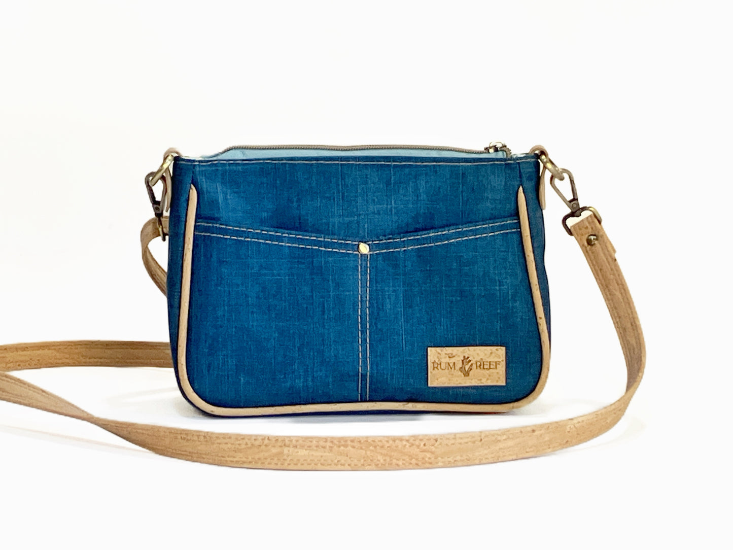 Crossbody Bag with Exterior Pockets in Navy and Natural Cork