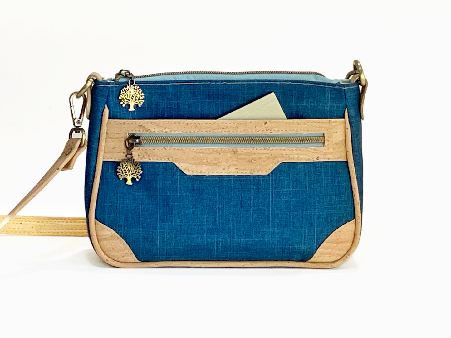 Crossbody Bag with Exterior Pockets in Navy and Natural Cork
