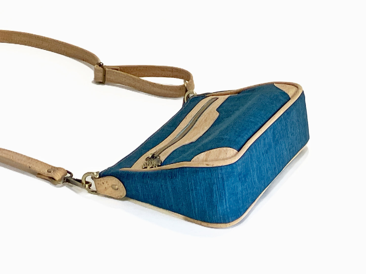 Crossbody Bag with Exterior Pockets in Navy and Natural Cork