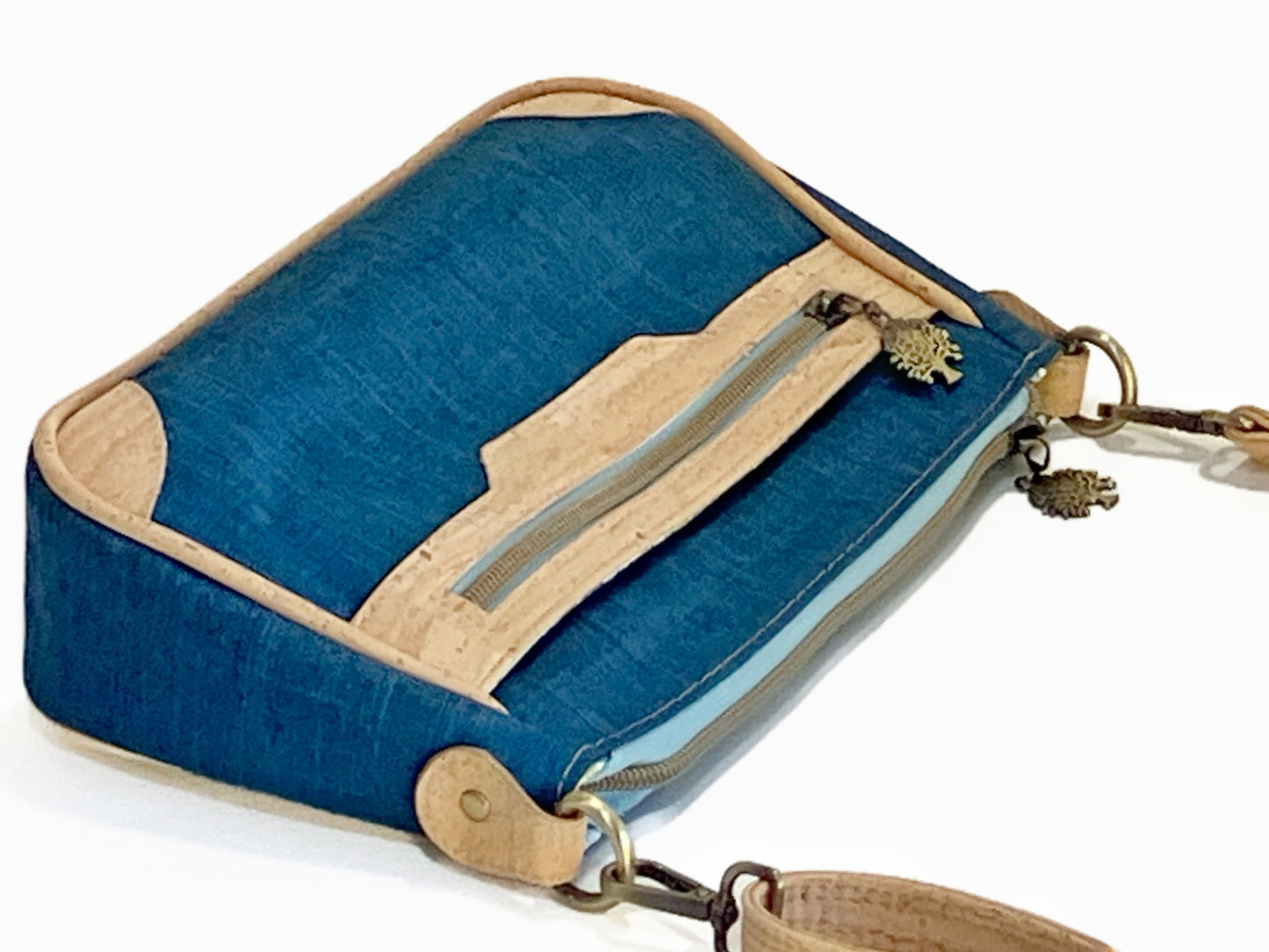 Crossbody Bag with Exterior Pockets in Navy and Natural Cork
