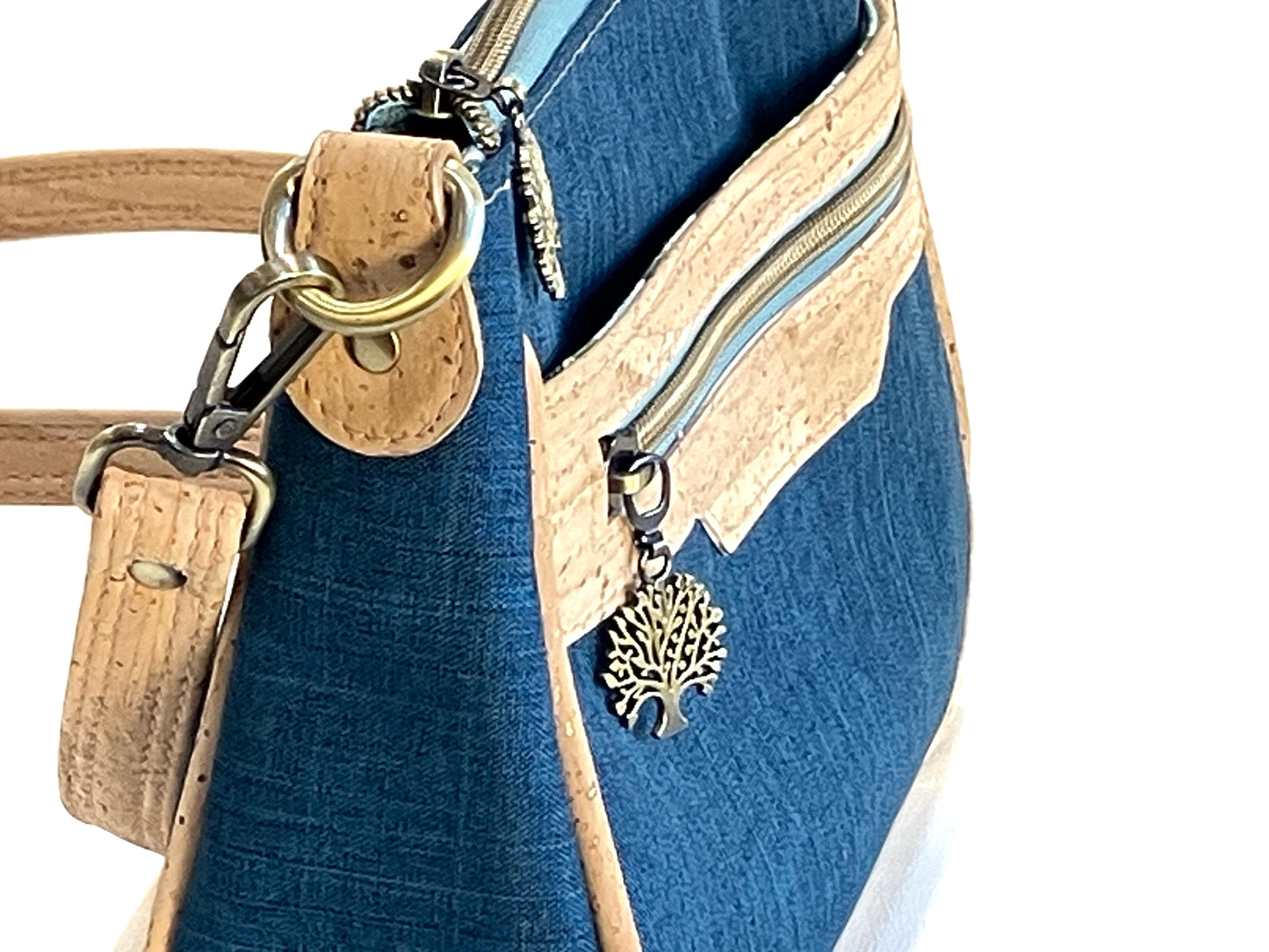 Crossbody Bag with Exterior Pockets in Navy and Natural Cork