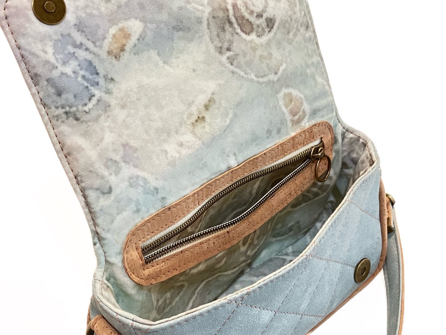 Small Quilted Shoulder Bag in Seasalt Blue with Cork Trim
