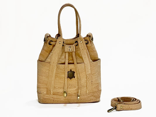 Cork Bucket Bag with Sea Turtle and Seaglass Lining