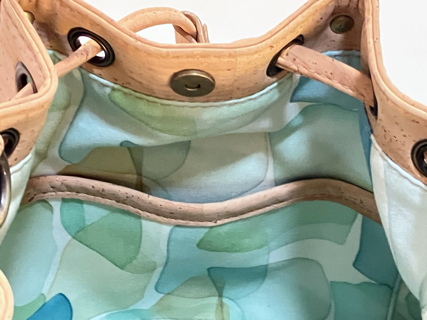 Cork Bucket Bag with Sea Turtle and Seaglass Lining