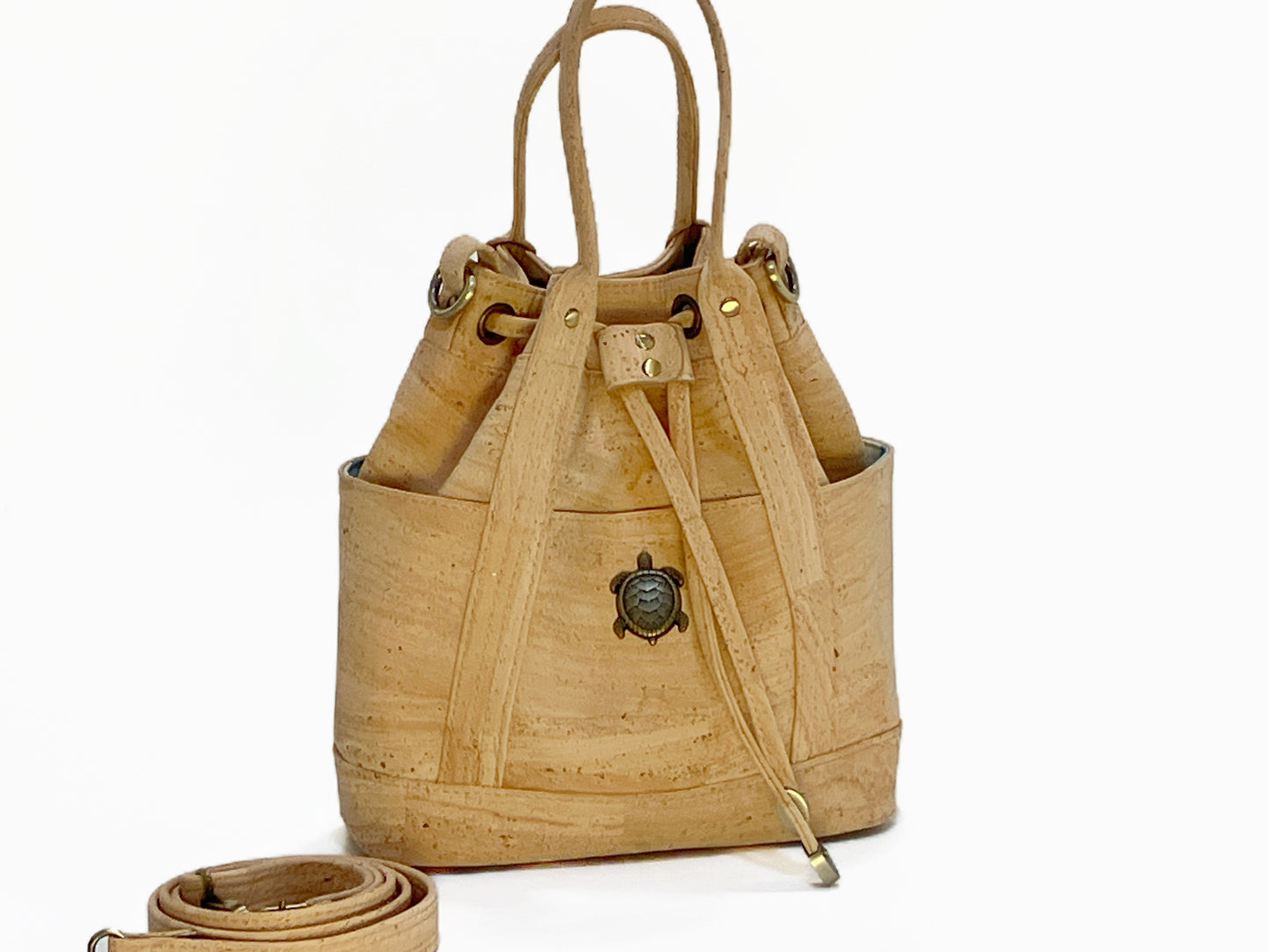 Cork Bucket Bag with Sea Turtle and Seaglass Lining