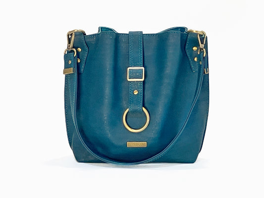Slouchy Cork Shoulder Bag in Peacock with Whales and Rays