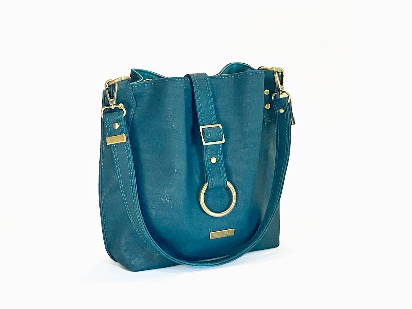 Slouchy Cork Shoulder Bag in Peacock with Whales and Rays